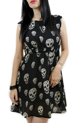 Sourpuss White skulls Chiffon Dress